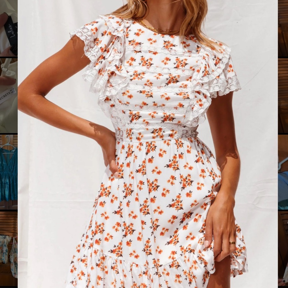 Lace Trim Ruffle Shoulder Dress Floral Print White/Orange by Selfie Leslie